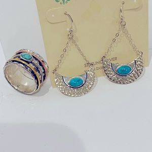 Sterling Silver Barse Dangle Earrings with Turquoise Stone plus Bonus Ring